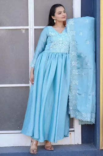 Sky  festive wear designer  chinon   readymade suit