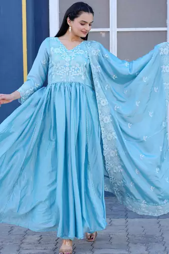 Sky  festive wear designer  chinon   readymade suit