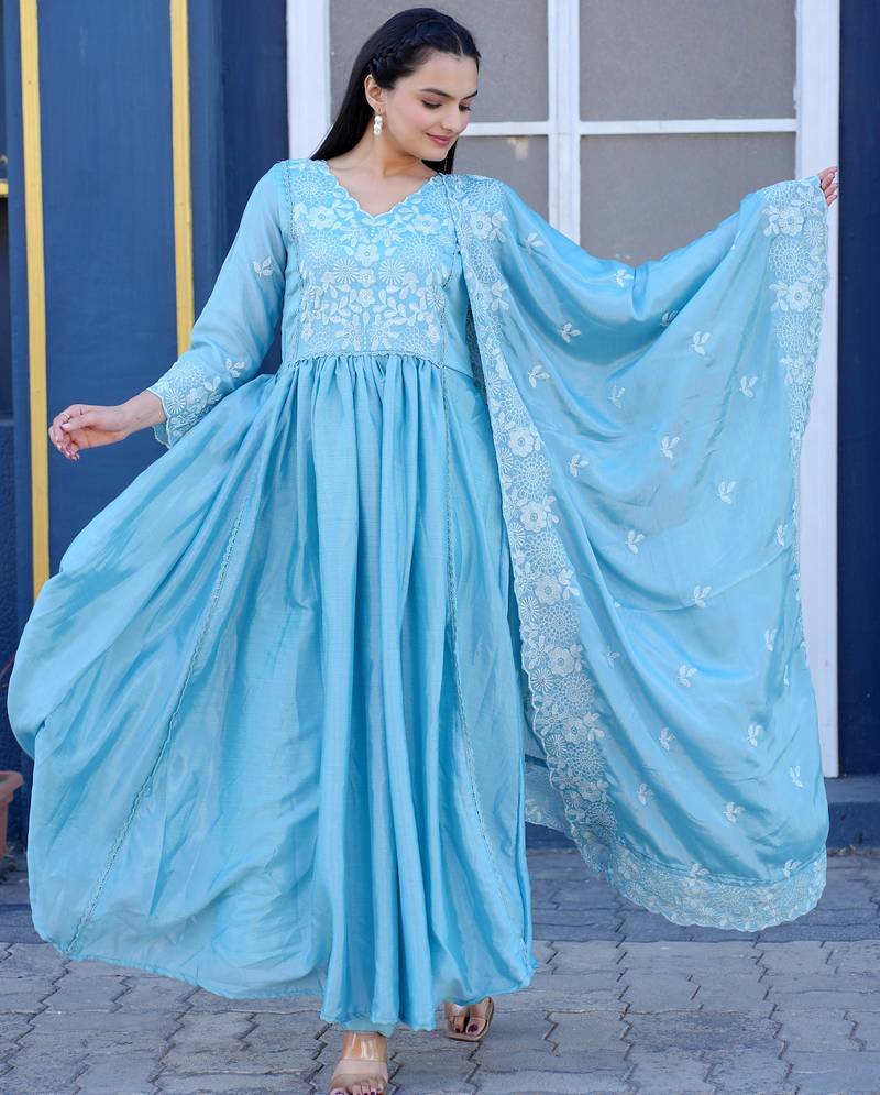 Sky  festive wear designer  chinon   readymade suit