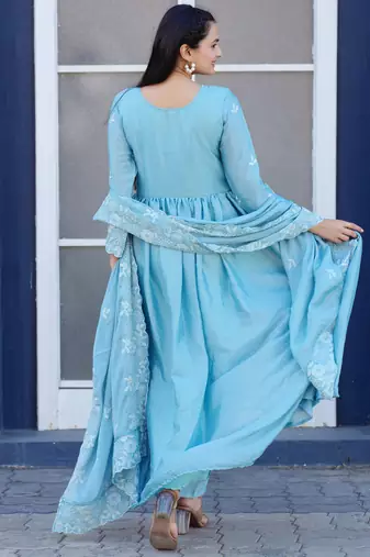 Sky  festive wear designer  chinon   readymade suit