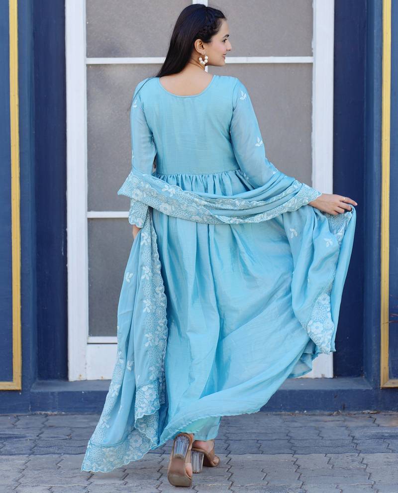 Sky  festive wear designer  chinon   readymade suit