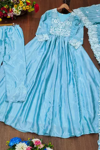 Sky  festive wear designer  chinon   readymade suit