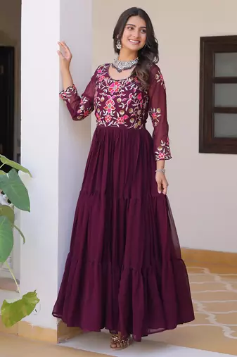 Wine festive wear designer fox georgette heavy 3mm sequence thread work readymade suit