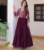 Wine festive wear designer fox georgette heavy 3mm sequence thread work readymade suit