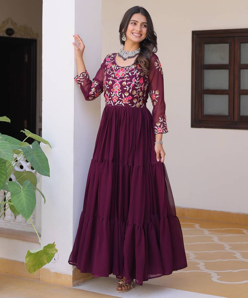 Wine festive wear designer fox georgette heavy 3mm sequence thread work readymade suit