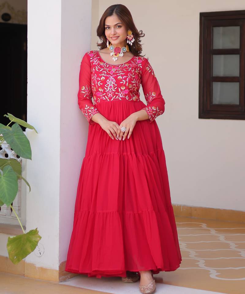 Rani pink festive wear designer fox georgette heavy 3mm sequence thread work readymade suit