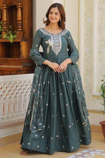 Dark rama green festive wear designer pure star georgette heavy 3mm sequence embroidery work readymade suit