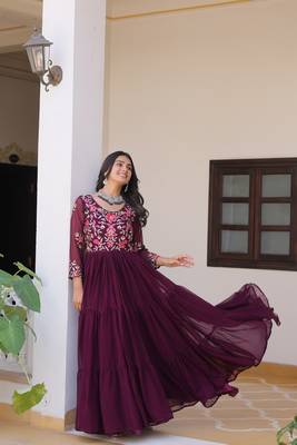 Wine festive wear designer fox georgette heavy 3mm sequence thread work readymade suit 3