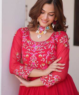 Rani pink festive wear designer fox georgette heavy 3mm sequence thread work readymade suit 3