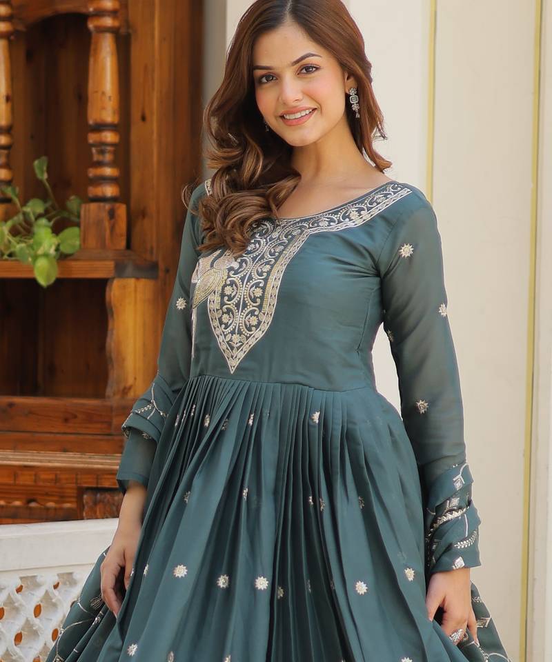 Dark rama green festive wear designer pure star georgette heavy 3mm sequence embroidery work readymade suit