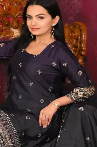 Black festive wear designer chinon sequence embroidery work readymade suit