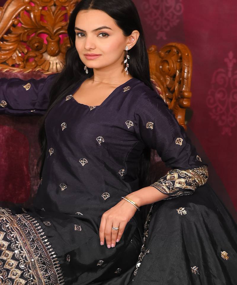 Black festive wear designer chinon sequence embroidery work readymade suit