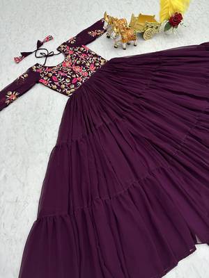 Wine festive wear designer fox georgette heavy 3mm sequence thread work readymade suit 4
