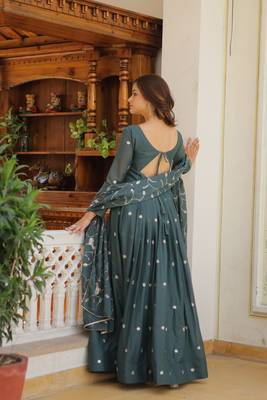 Dark rama green festive wear designer pure star georgette heavy 3mm sequence embroidery work readymade suit 3