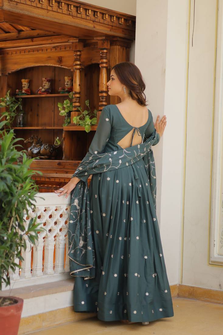 Dark rama green festive wear designer pure star georgette heavy 3mm sequence embroidery work readymade suit