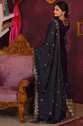 Black festive wear designer chinon sequence embroidery work readymade suit