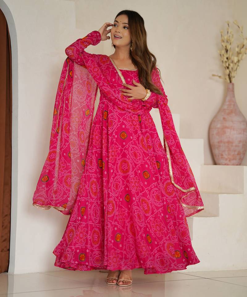 Rani pink festive wear designer pure soft lightweight chiffon bandhej   readymade suit