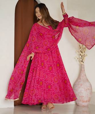 Rani pink festive wear designer pure soft lightweight chiffon bandhej   readymade suit 2