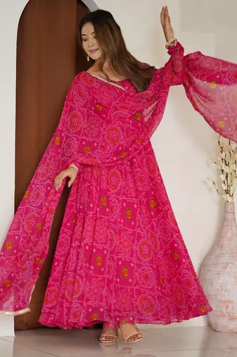 Rani pink festive wear designer pure soft lightweight chiffon bandhej   readymade suit