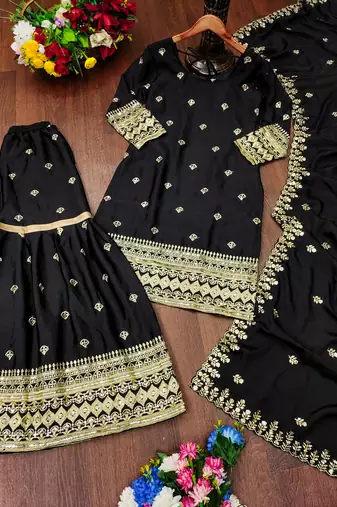 Black festive wear designer chinon sequence embroidery work readymade suit
