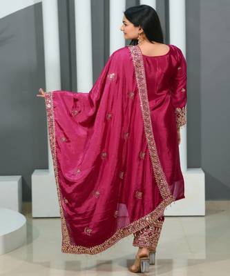 Rani pink festive wear designer chinon heavy embroidery sequence work readymade suit 2