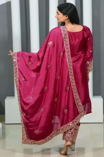 Rani pink festive wear designer chinon heavy embroidery sequence work readymade suit