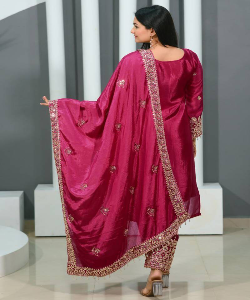 Rani pink festive wear designer chinon heavy embroidery sequence work readymade suit