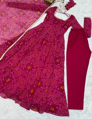 Rani pink festive wear designer pure soft lightweight chiffon bandhej   readymade suit 4