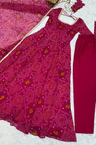 Rani pink festive wear designer pure soft lightweight chiffon bandhej   readymade suit