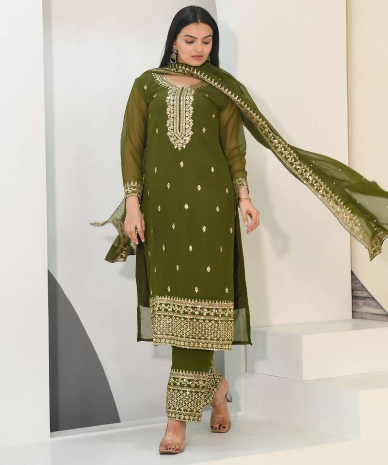 Mehndi green festive wear designer  fox georgette heavy embroidery sequence work readymade suit