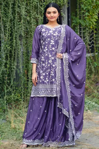 Lavender festive wear designer chinon sequence embroidery work readymade suit