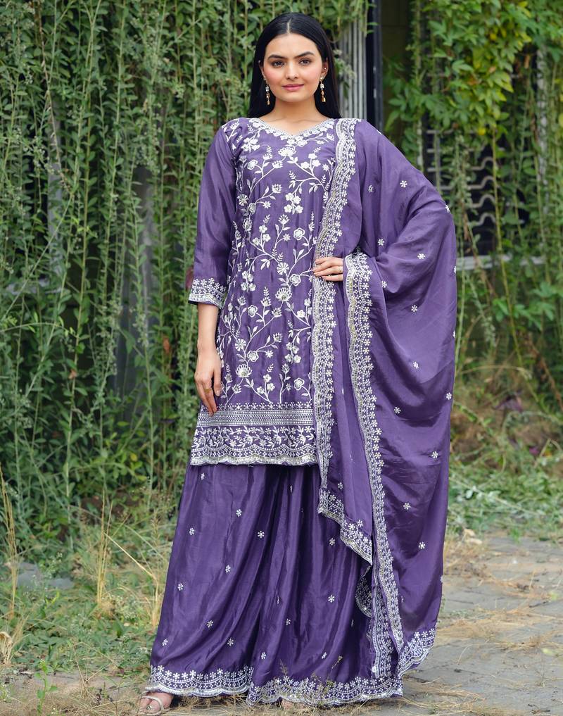 Lavender festive wear designer chinon sequence embroidery work readymade suit