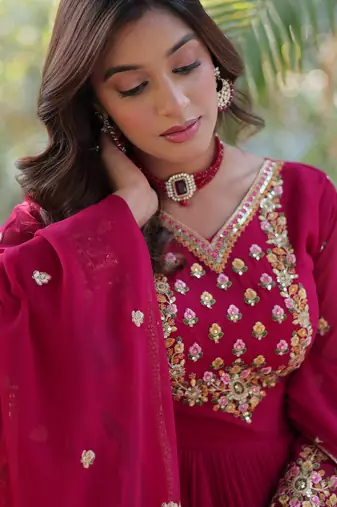 Ran pink festive wear designer  faux blooming georgette  readymade suit