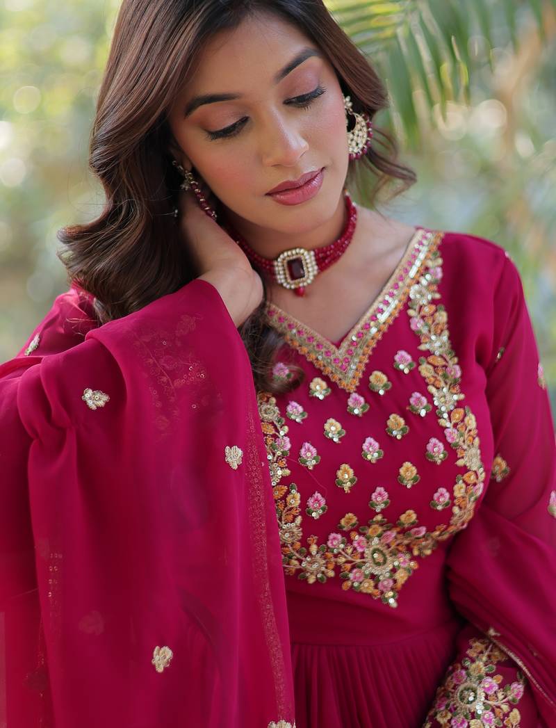 Ran pink festive wear designer  faux blooming georgette  readymade suit