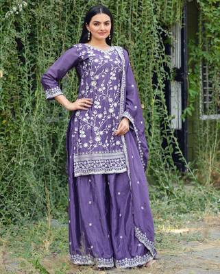 Lavender festive wear designer chinon sequence embroidery work readymade suit 2