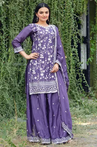 Lavender festive wear designer chinon sequence embroidery work readymade suit