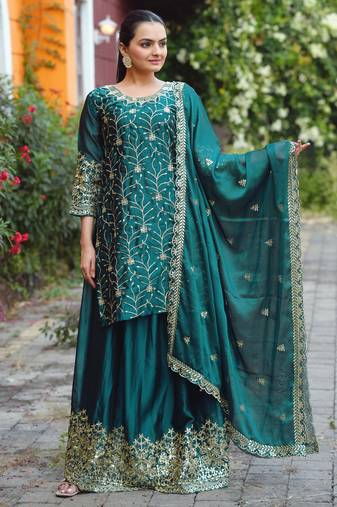 Teal festive wear designer rangoli sequence embroidery work readymade suit