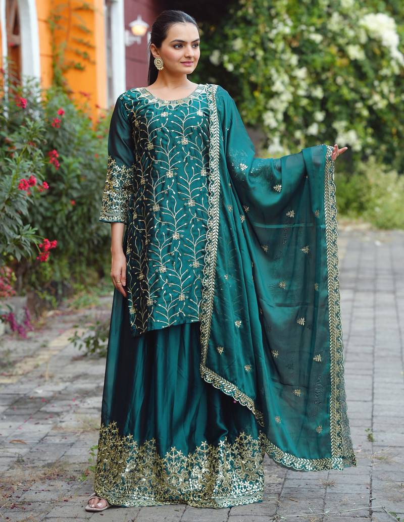Teal festive wear designer rangoli sequence embroidery work readymade suit