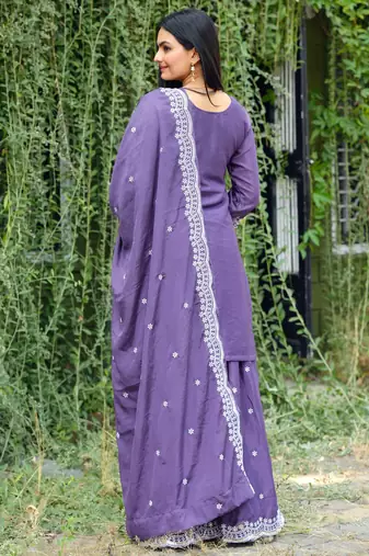 Lavender festive wear designer chinon sequence embroidery work readymade suit