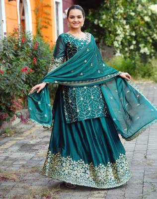 Teal festive wear designer rangoli sequence embroidery work readymade suit 2