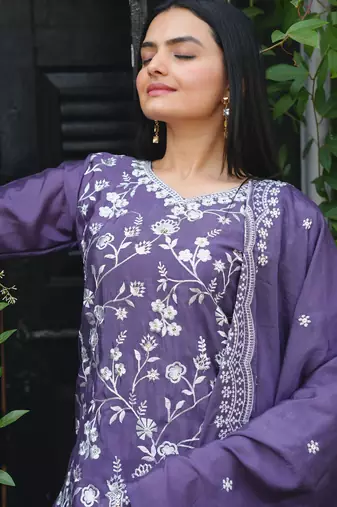 Lavender festive wear designer chinon sequence embroidery work readymade suit