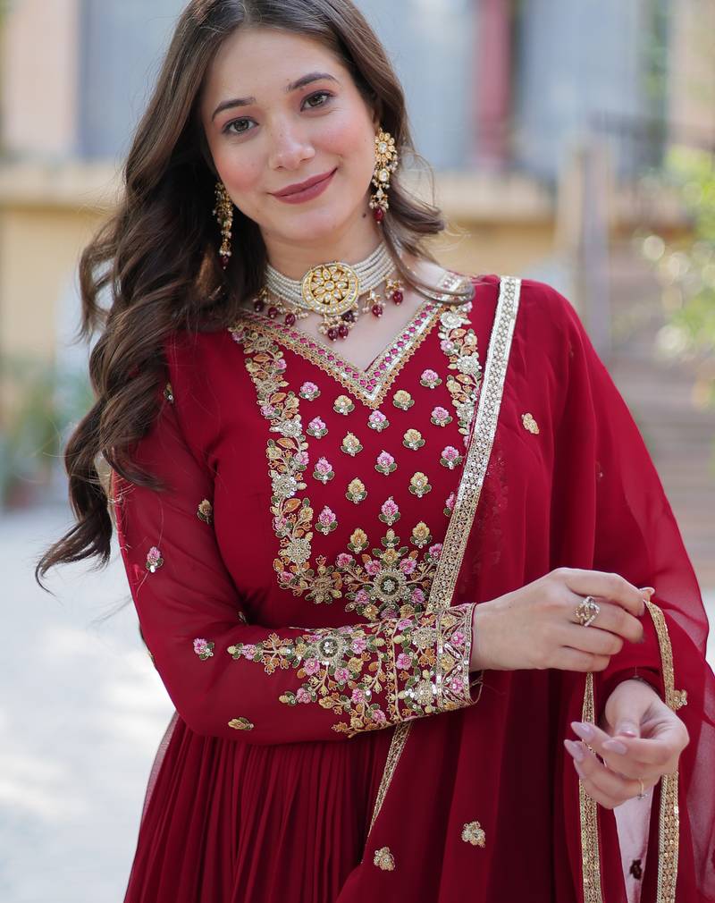 Maroon festive wear designer  faux blooming georgette  readymade suit