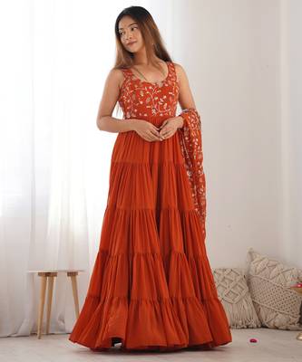 Orange festive wear designer heavy pure soft fox georgette  readymade suit 1