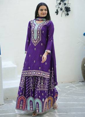 Purple festive wear designer chinon  heavy embroidery sequence work readymade suit 2