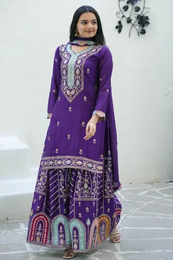 Purple festive wear designer chinon  heavy embroidery sequence work readymade suit