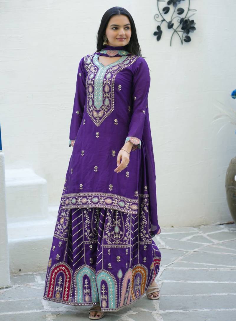 Purple festive wear designer chinon  heavy embroidery sequence work readymade suit