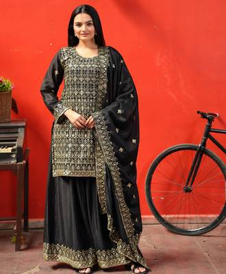 Black festive wear designer chinon sequence embroidery work readymade suit 1