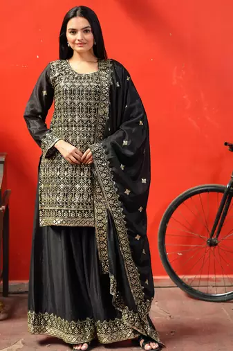Black festive wear designer chinon sequence embroidery work readymade suit