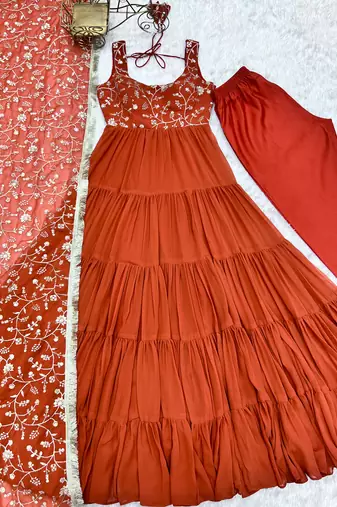Orange festive wear designer heavy pure soft fox georgette  readymade suit