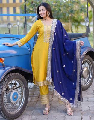 Yellow festive wear designer chinon heavy embroidery sequence work readymade suit 1